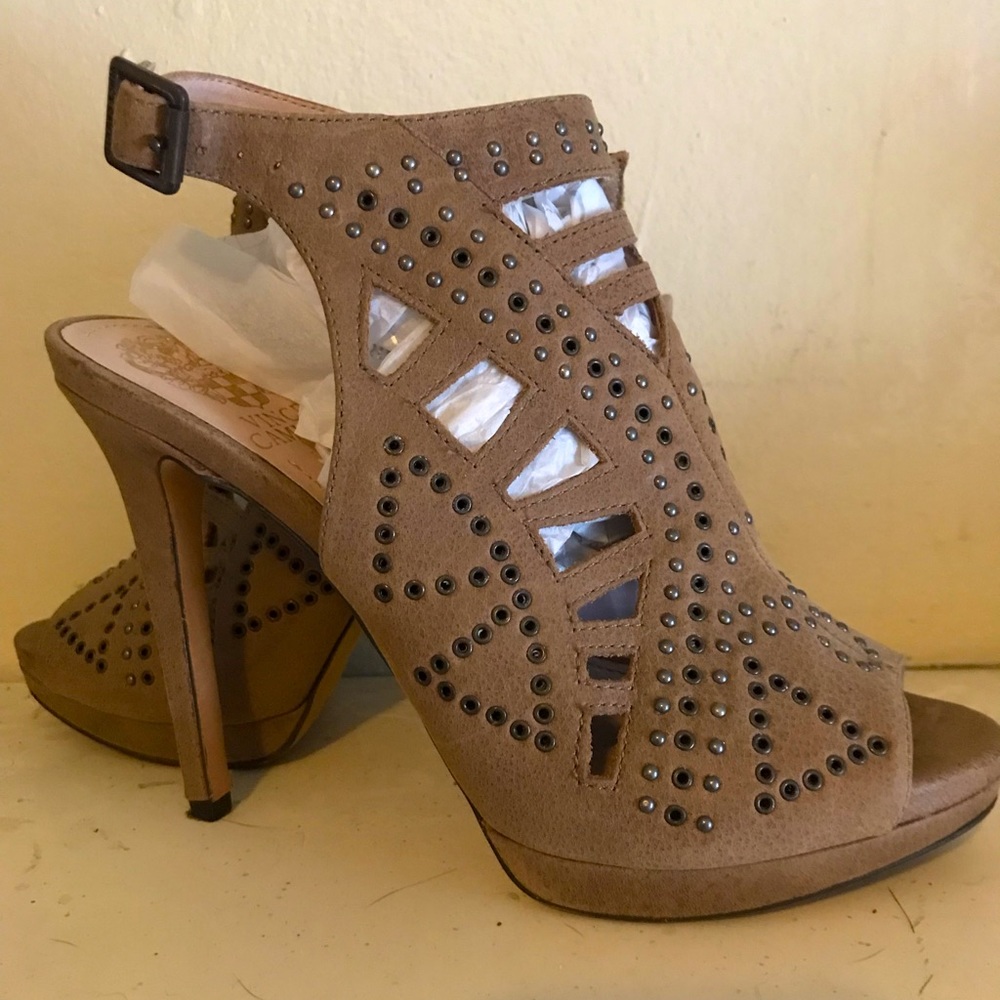 Vince Camuto suede sling back open toe heels